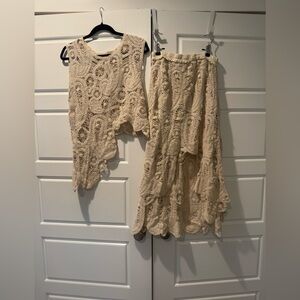 POL Crochet HI-LOW Cream Knit Skirt with Asymmetrical Top Set Boho Size Medium